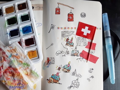 Swiss national day, Watercolor, Sketchbook page